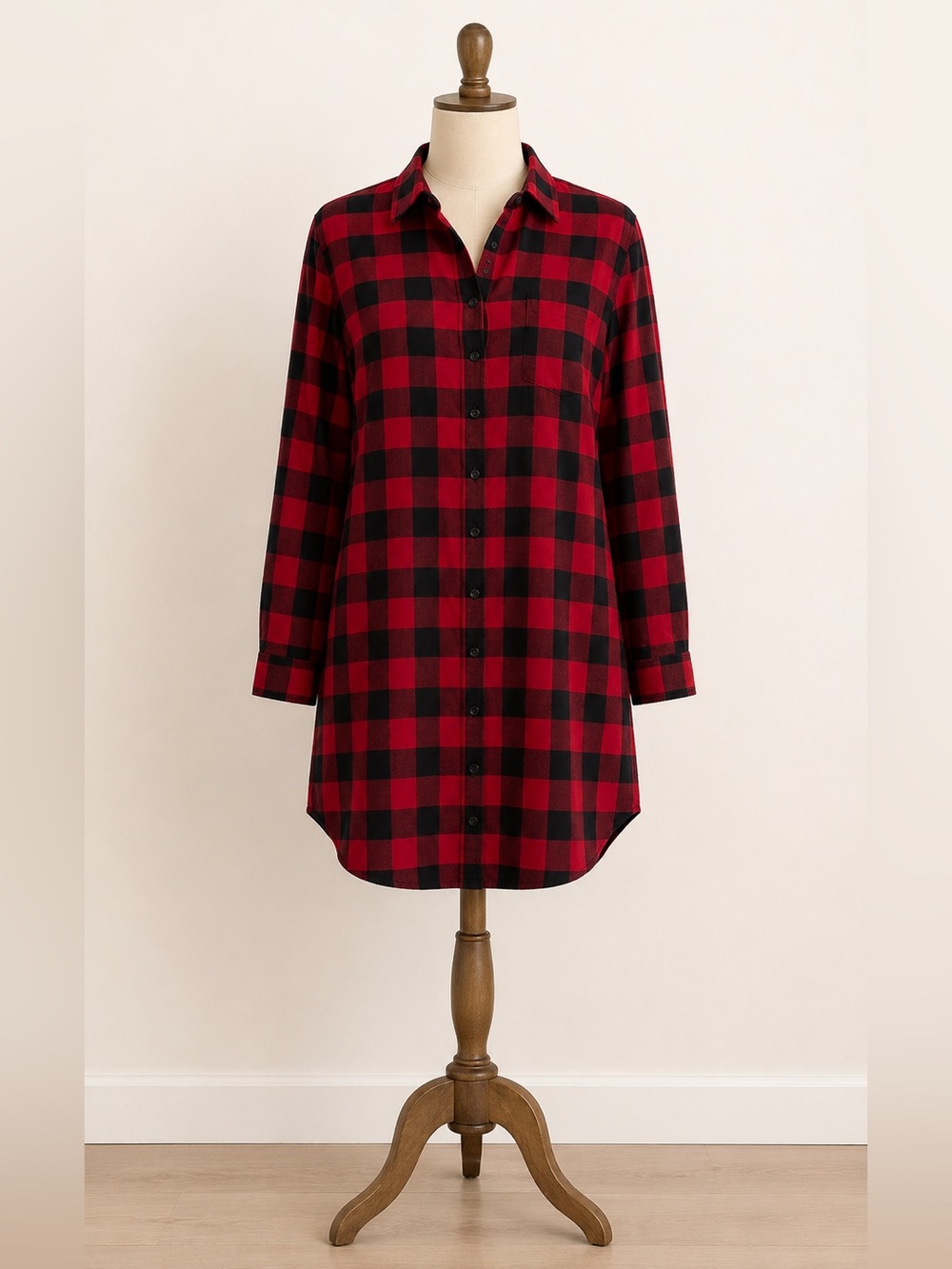 100% Cotton Red Buffalo Plaid Long Sleeve Button Up Sleep Shirt House Dress XL